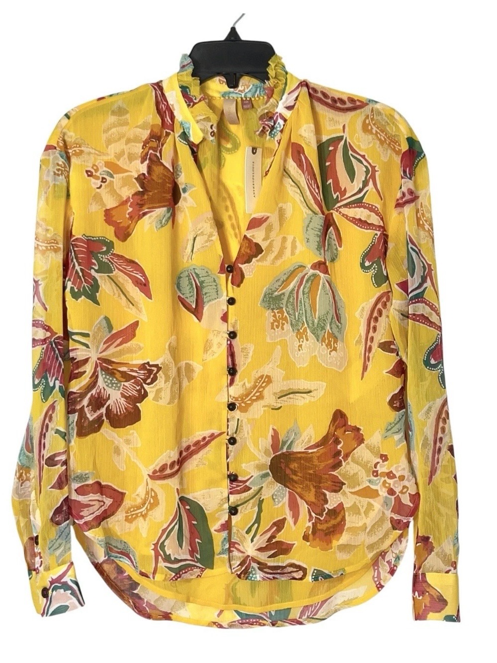 Anthropologie Pilcro Yellow Floral Buttoned Blouse Long Sleeve Boho Sz XXS NWT